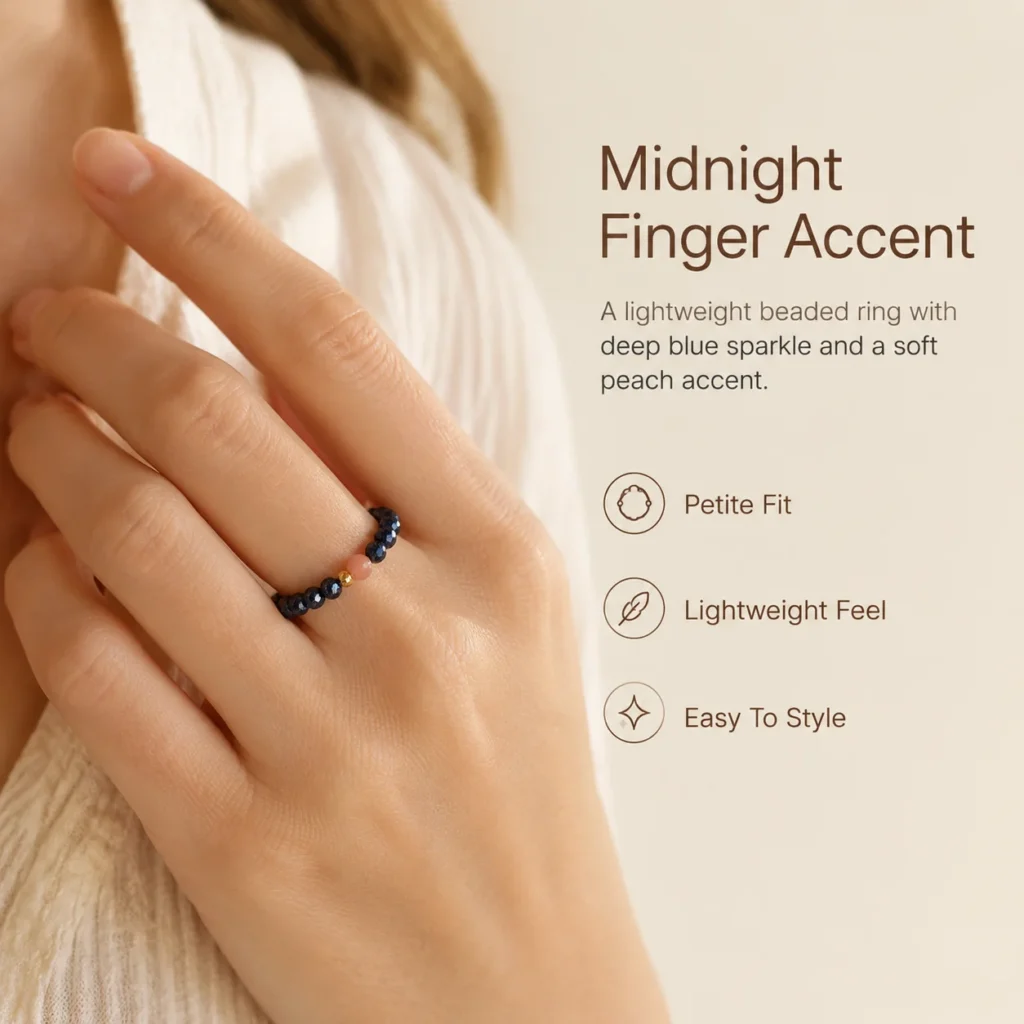 Blue Sandstone Sunstone Beaded Ring 2 blue sandstone sunstone beaded ring wearing view