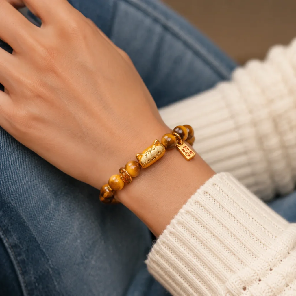 golden tiger eye lucky cat bracelet wearing view