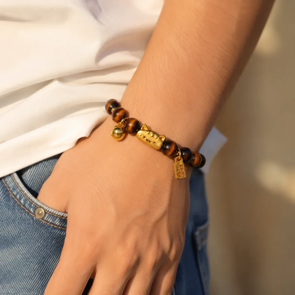 Yellow Tiger Eye Lucky Cat Bracelet 2 yellow tiger eye lucky cat bracelet wearing view