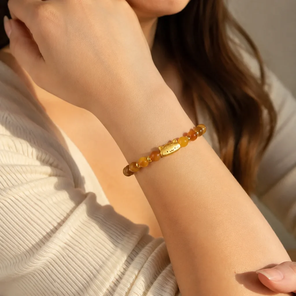 Petite Golden Tiger Eye Lucky Cat Bracelet 2 petite golden tiger eye lucky cat bracelet wearing view