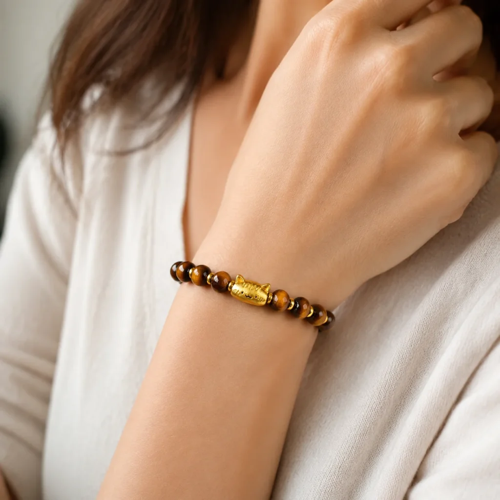 Petite Yellow Tiger Eye Lucky Cat Bracelet 2 petite yellow tiger eye lucky cat bracelet wearing view