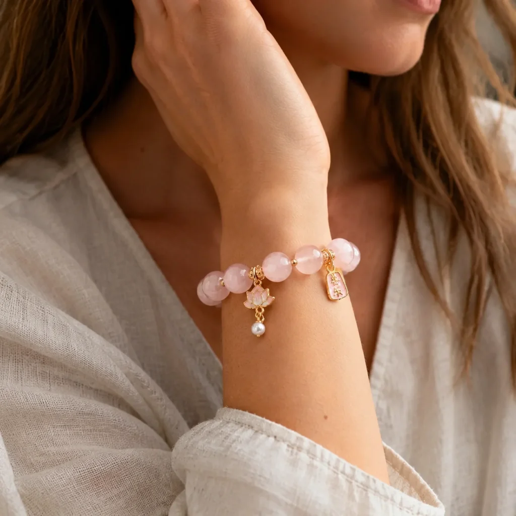 Classic Madagascar Rose Quartz Beaded Bracelet 2 classic madagascar rose quartz beaded bracelet wearing view