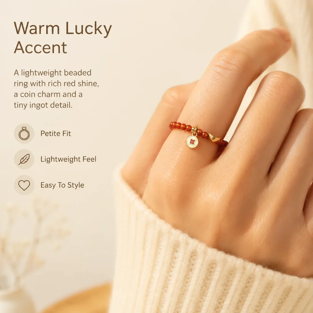 Garnet Lucky Charm Beaded Ring 2 garnet lucky charm beaded ring wearing view
