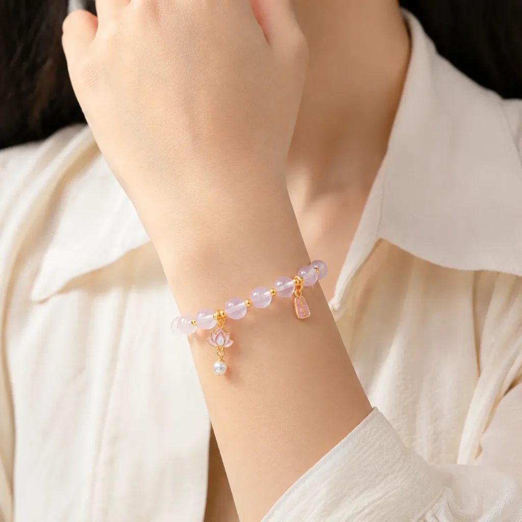 Petite Madagascar Rose Quartz Beaded Bracelet 2 petite madagascar rose quartz beaded bracelet wearing view