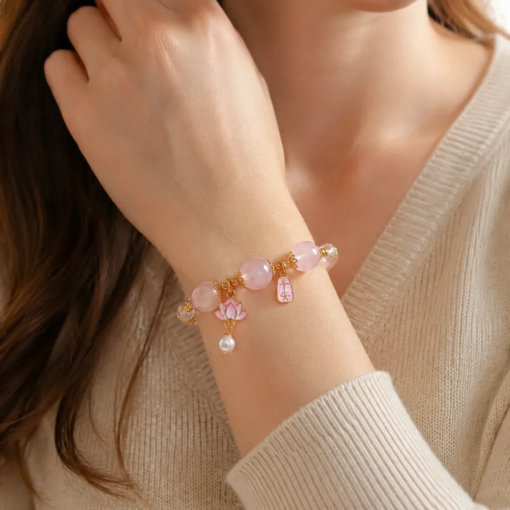 Statement Madagascar Rose Quartz Beaded Bracelet 2 statement madagascar rose quartz beaded bracelet wearing view
