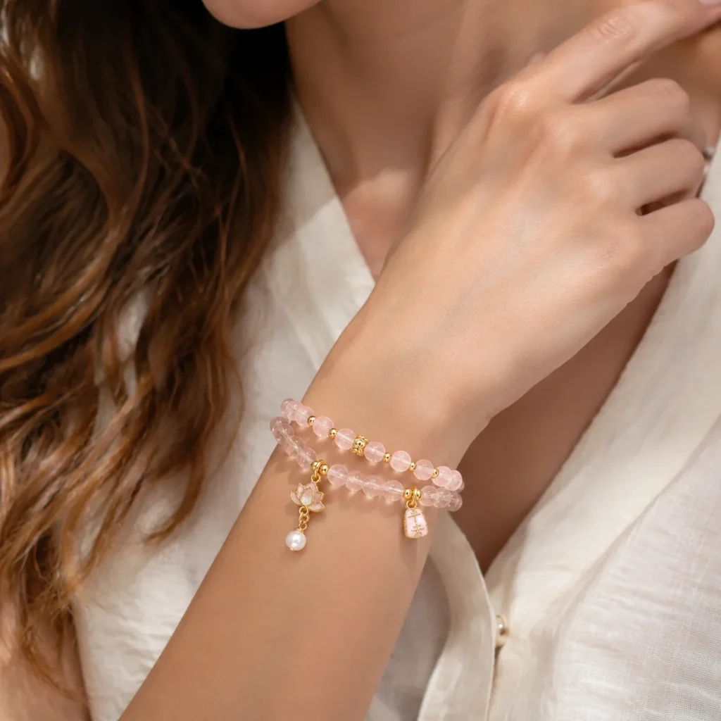 madagascar rose quartz double-wrap bracelet wearing view