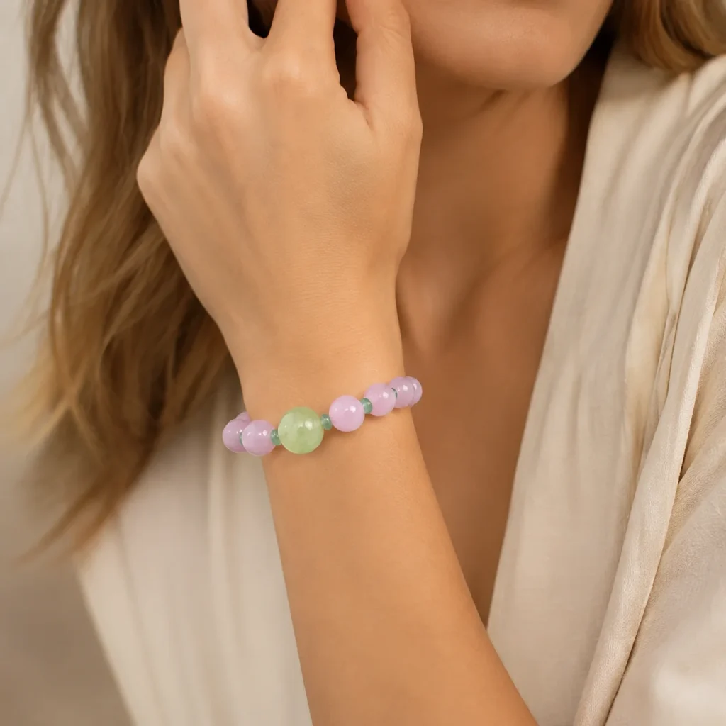 Purple Kunzite Beaded Bracelet 2 purple kunzite beaded bracelet wearing view