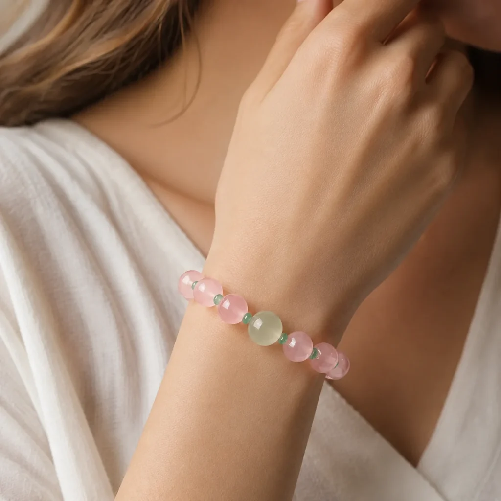 Blush Madagascar Rose Quartz Beaded Bracelet 2 blush madagascar rose quartz beaded bracelet wearing view
