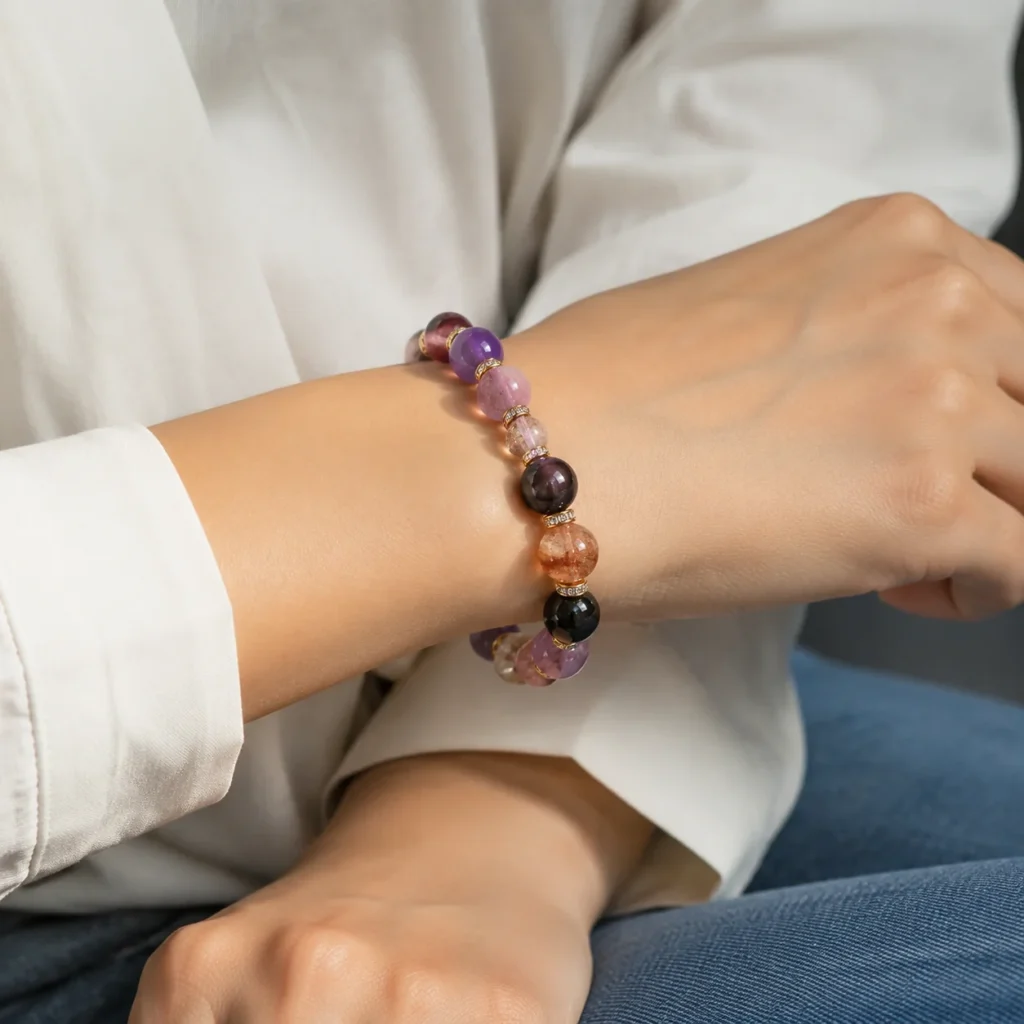 Amethyst Multi-Stone Beaded Bracelet 2 amethyst multi-stone beaded bracelet wearing view