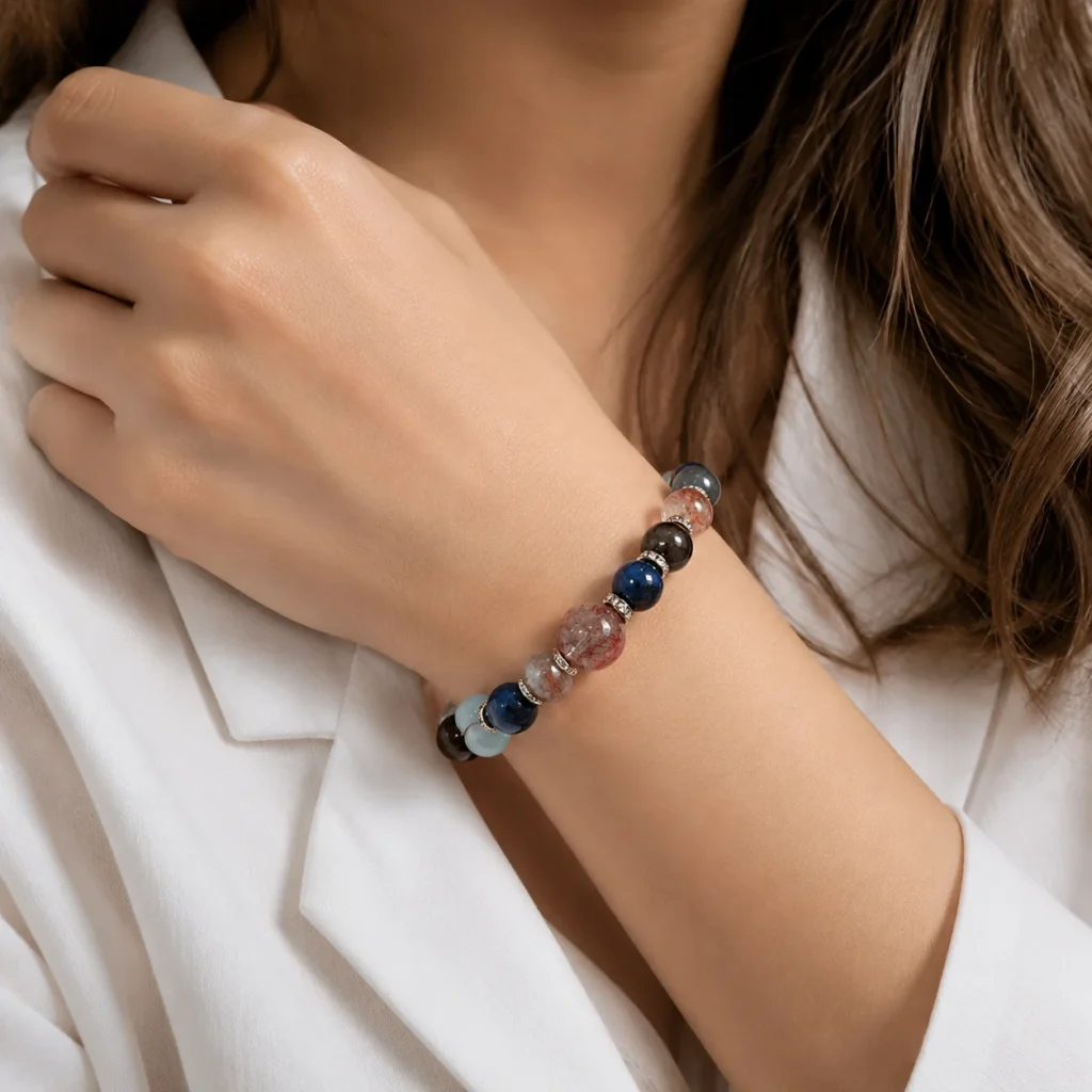 aquamarine super seven multi-stone bracelet wearing view