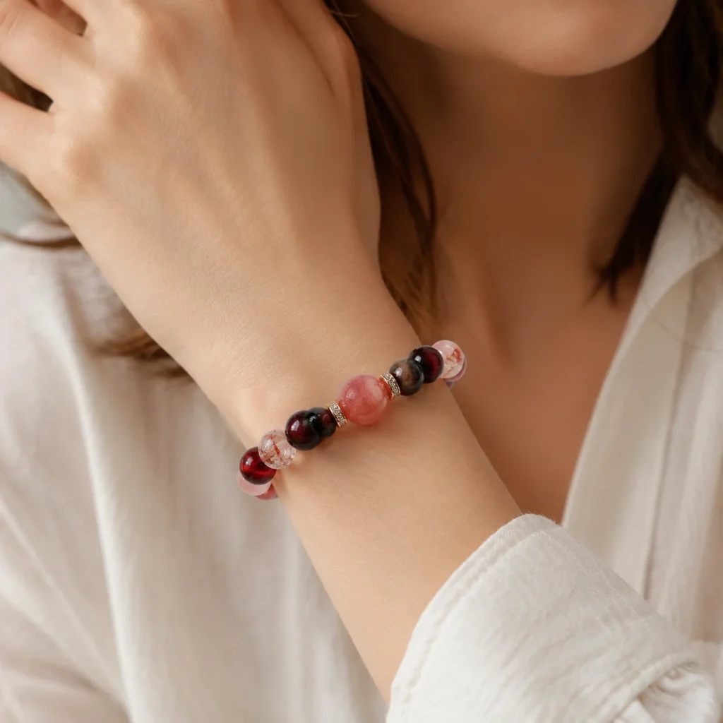 rose quartz super seven multi-stone bracelet wearing view