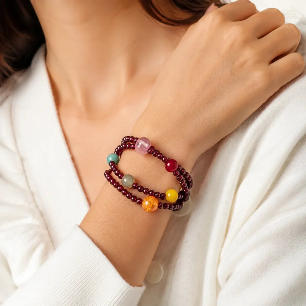 Garnet Multi-Stone Beaded Bracelet 2 garnet multi-stone beaded bracelet wearing view