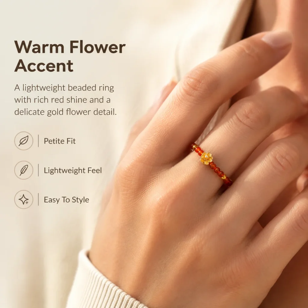 garnet flower beaded ring wearing view