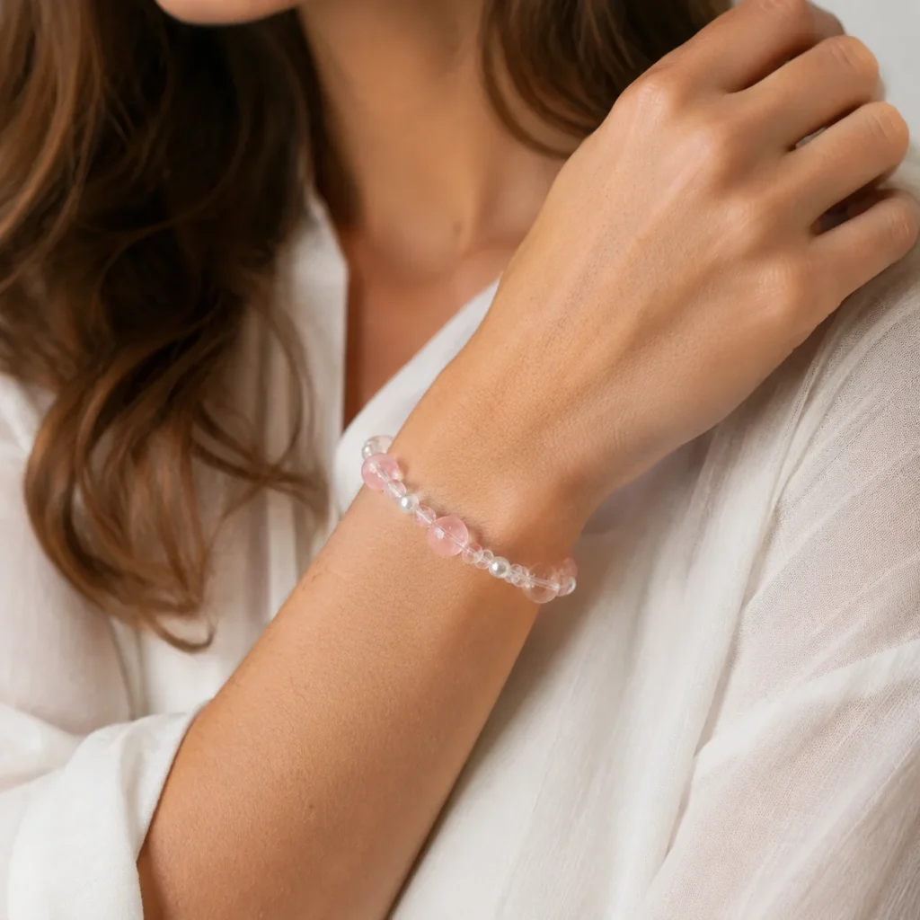 petite rose quartz beaded bracelet wearing view