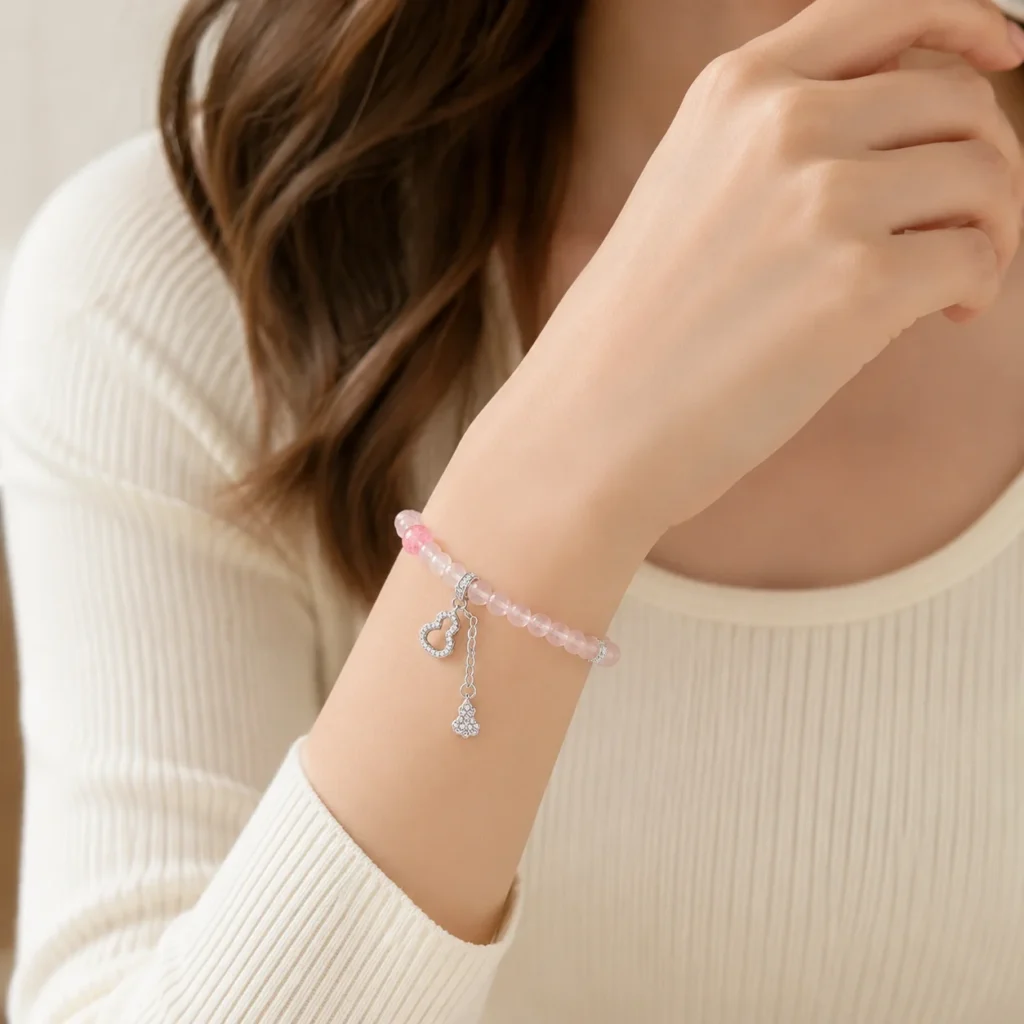 Rose Quartz Gourd Charm Beaded Bracelet 2 rose quartz gourd charm beaded bracelet wearing view