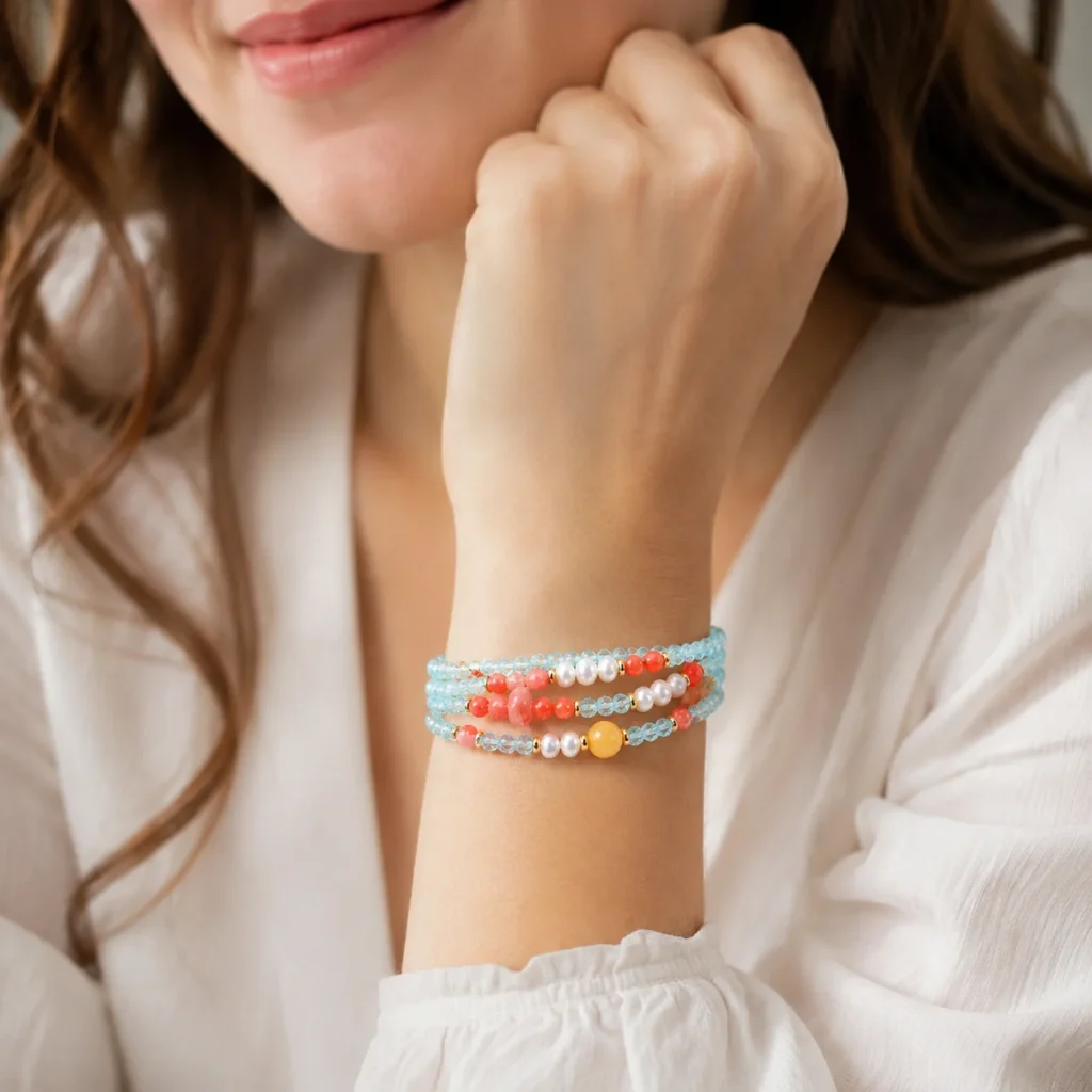 blue zircon pearl triple-wrap bracelet wearing view