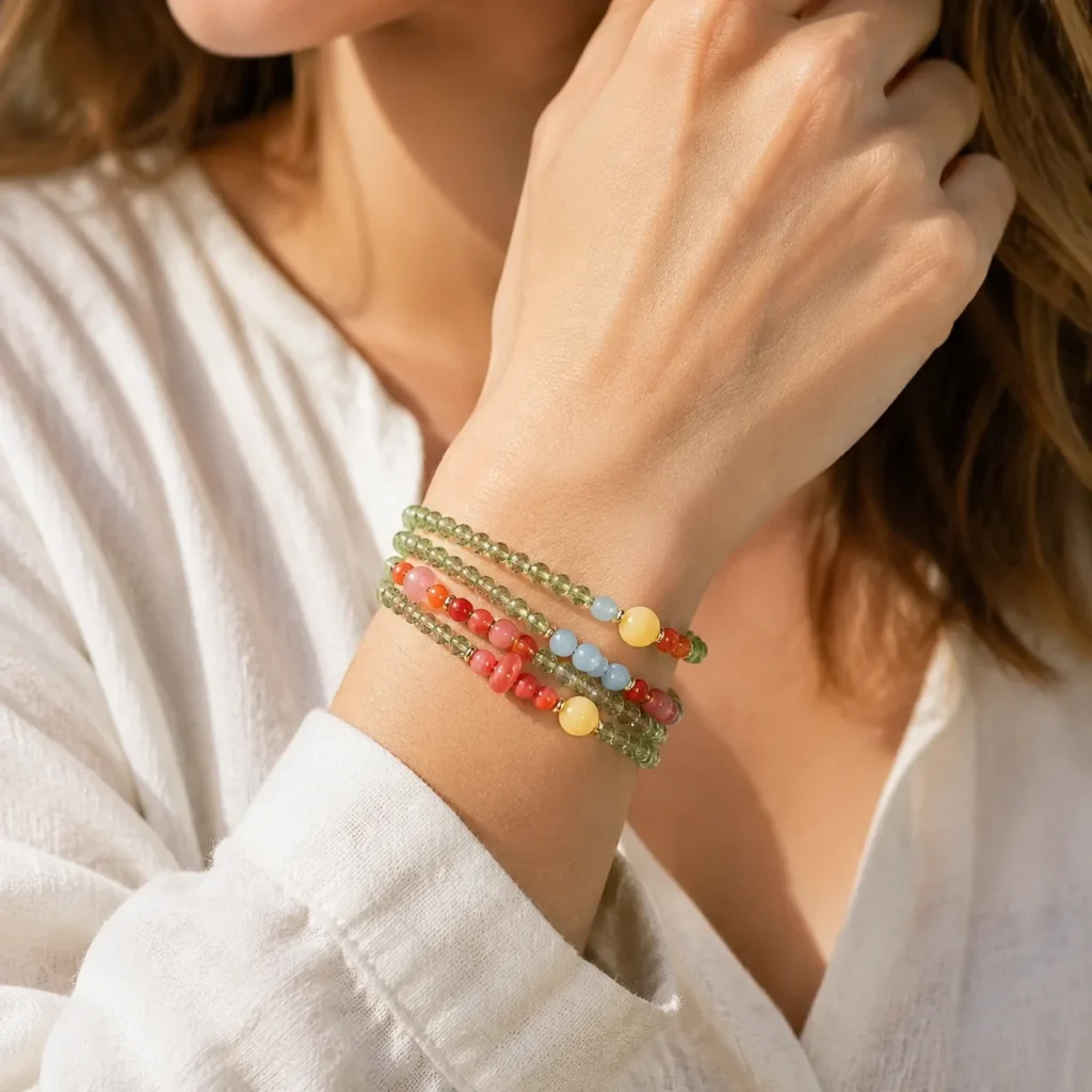 Green Zircon South Red Agate Triple-Wrap Bracelet 2 green zircon south red agate triple-wrap bracelet wearing view