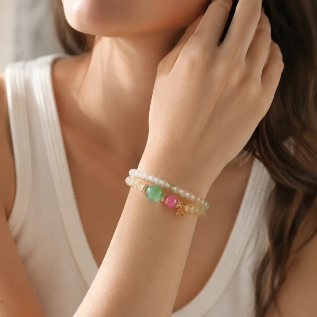 Lemon Quartz Cowrie Double-Wrap Bracelet 2 lemon quartz cowrie double-wrap bracelet wearing view