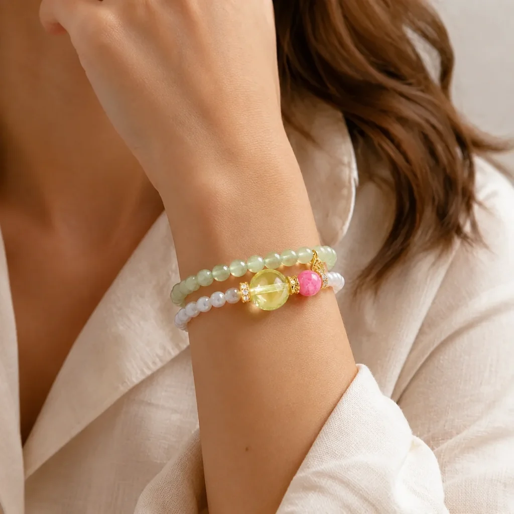 Prehnite Cowrie Double-Wrap Bracelet 2 prehnite cowrie double-wrap bracelet wearing view