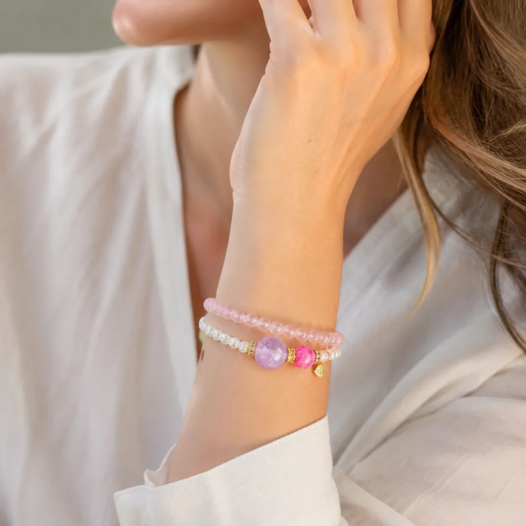 Rose Quartz Cowrie Double-Wrap Bracelet 2 rose quartz cowrie double-wrap bracelet wearing view