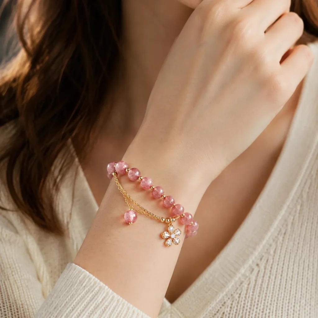 strawberry quartz beaded bracelet wearing view