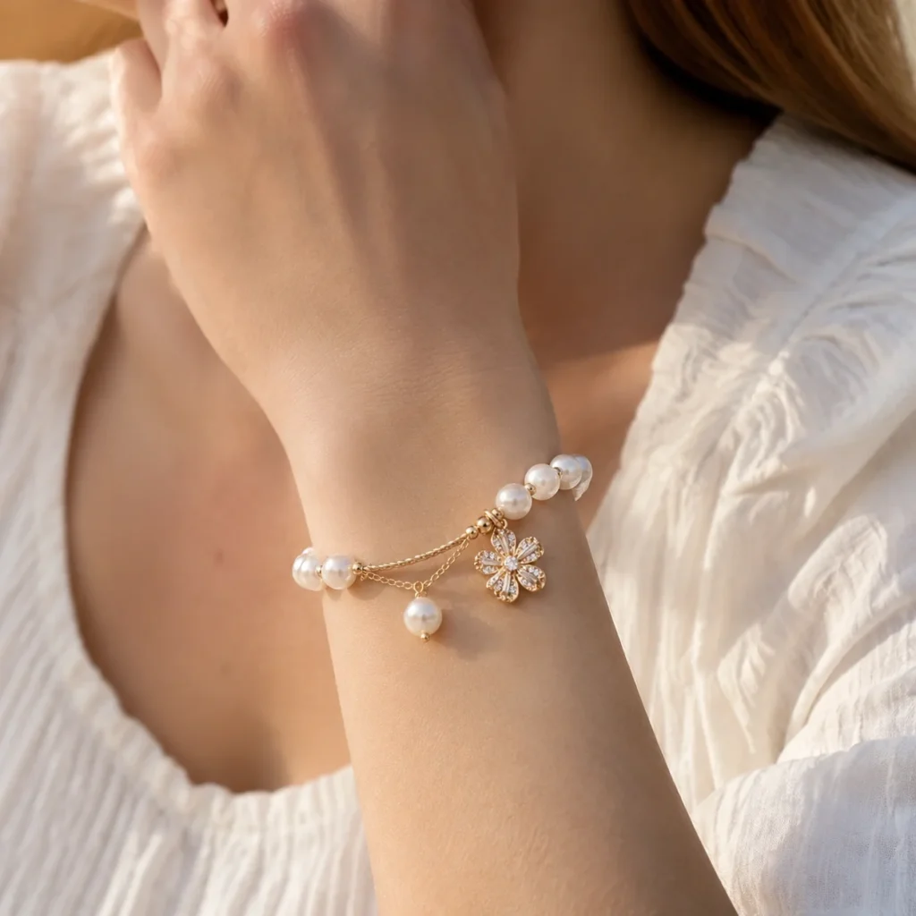 Pearl Beaded Bracelet 2 pearl beaded bracelet wearing view
