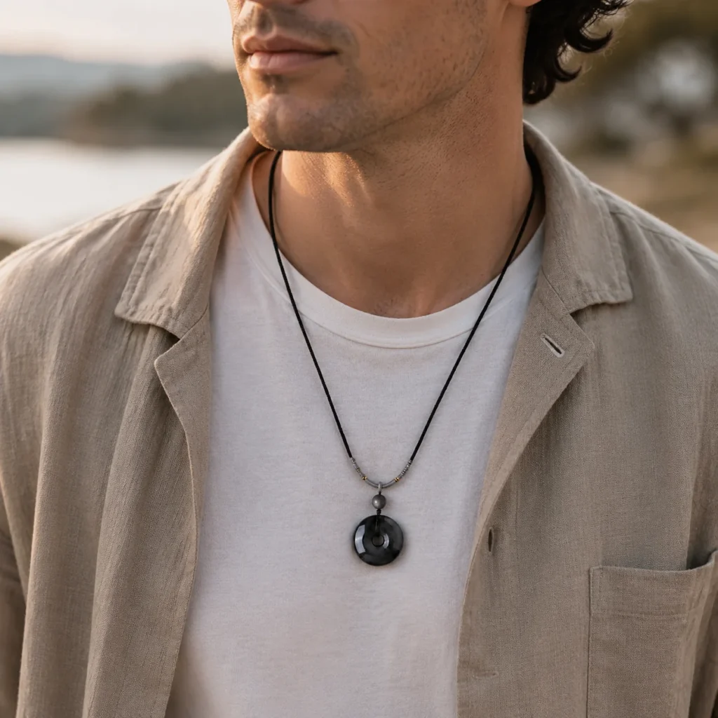 Silver Obsidian Peace Buckle Necklace 2 silver obsidian peace buckle necklace wearing view