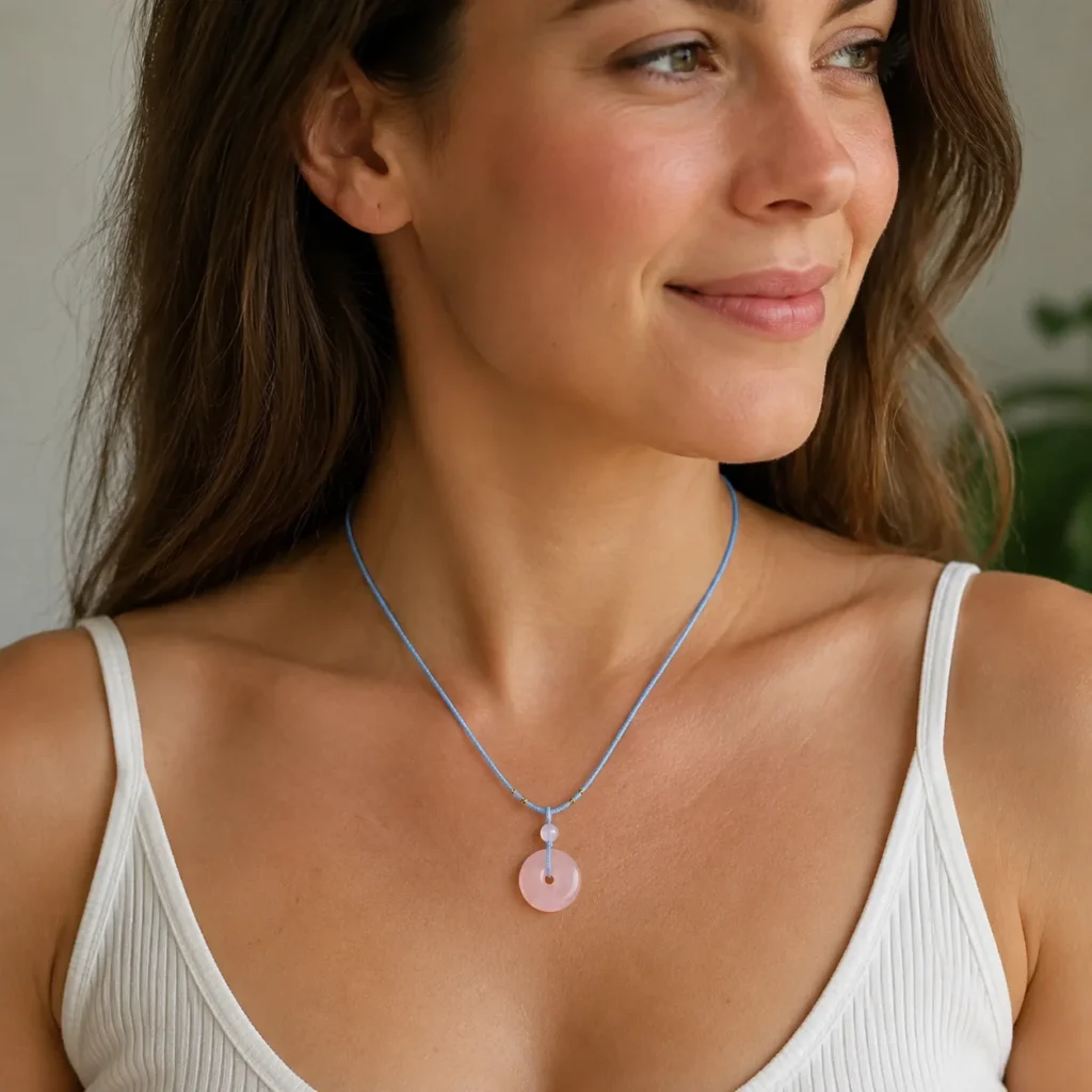 Rose Quartz Peace Buckle Necklace 2 rose quartz peace buckle necklace wearing view