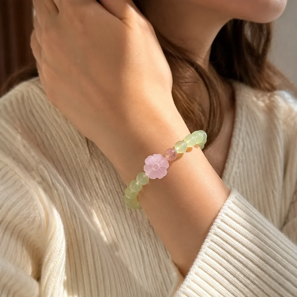 xiuyu jade rose quartz blossom bracelet wearing view