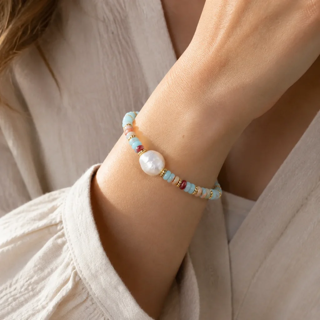 shoushan stone pearl beaded bracelet wearing view