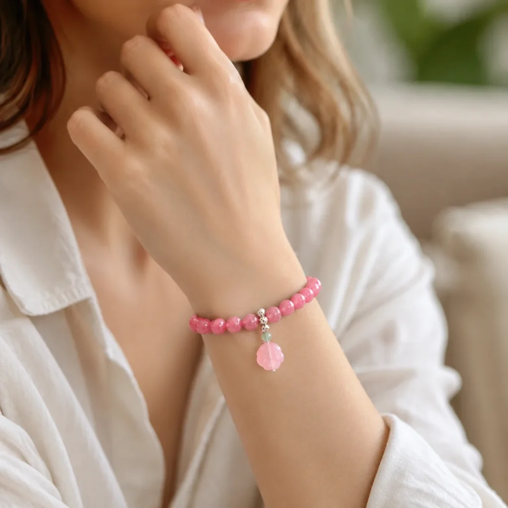 Pink Chalcedony Agate Cat Paw Bracelet 2 pink chalcedony agate cat paw bracelet wearing view