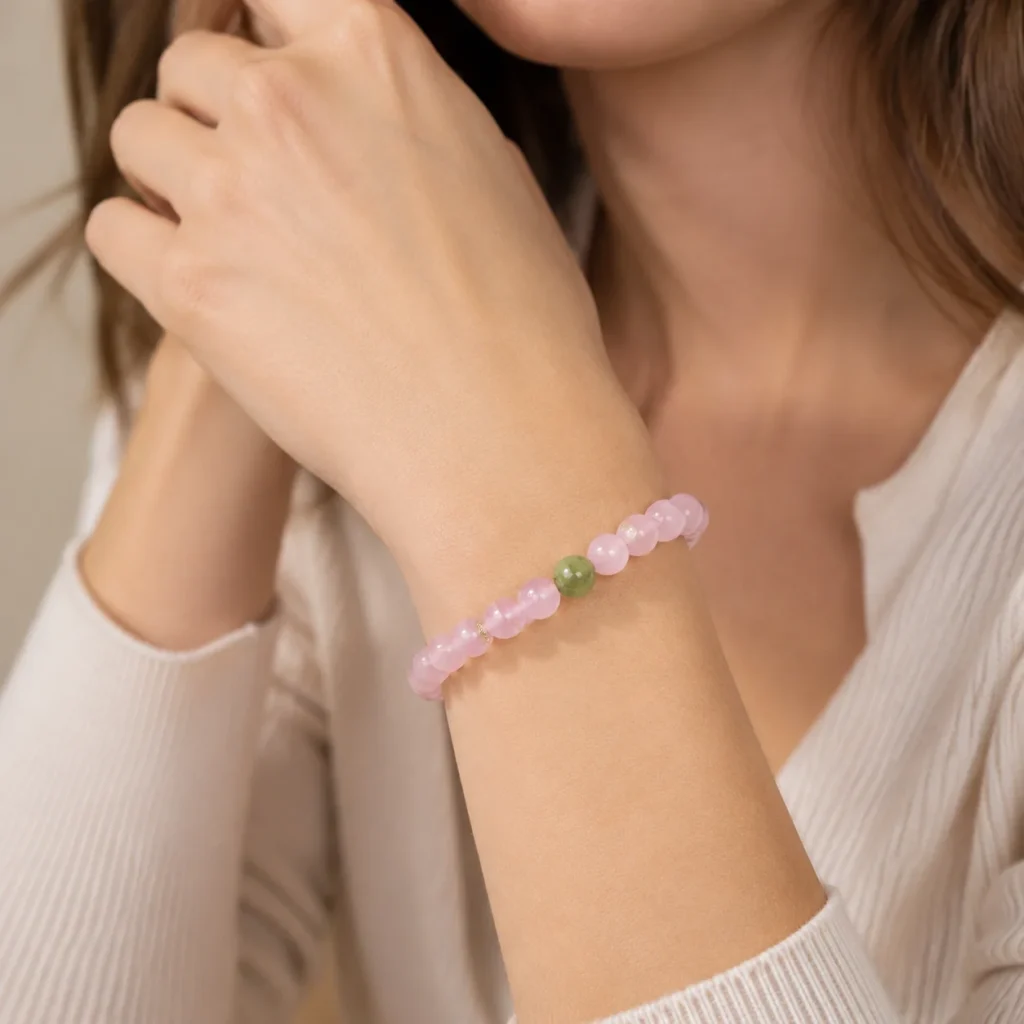 pink cat eye beaded bracelet wearing view