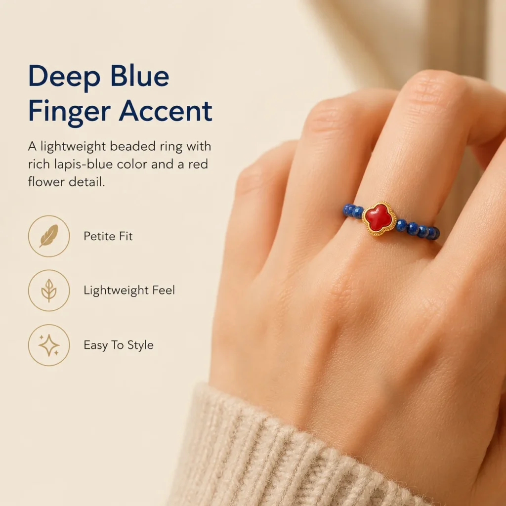 Lapis Flower Beaded Ring 2 lapis flower beaded ring wearing view