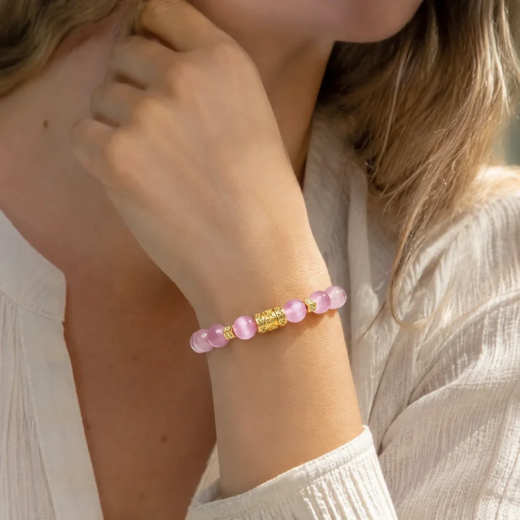 soft pink cat eye beaded bracelet wearing view
