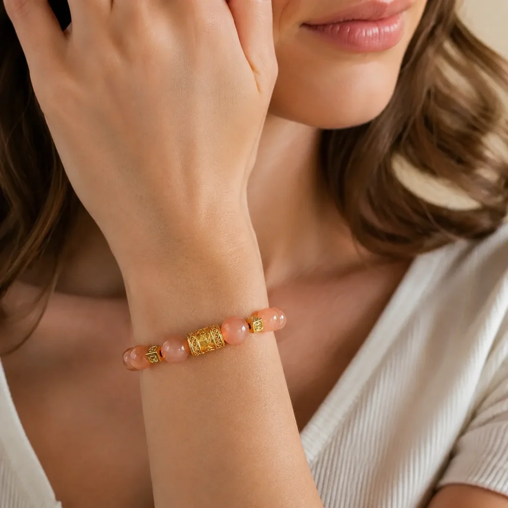 Champagne Cat Eye Beaded Bracelet 2 champagne cat eye beaded bracelet wearing view