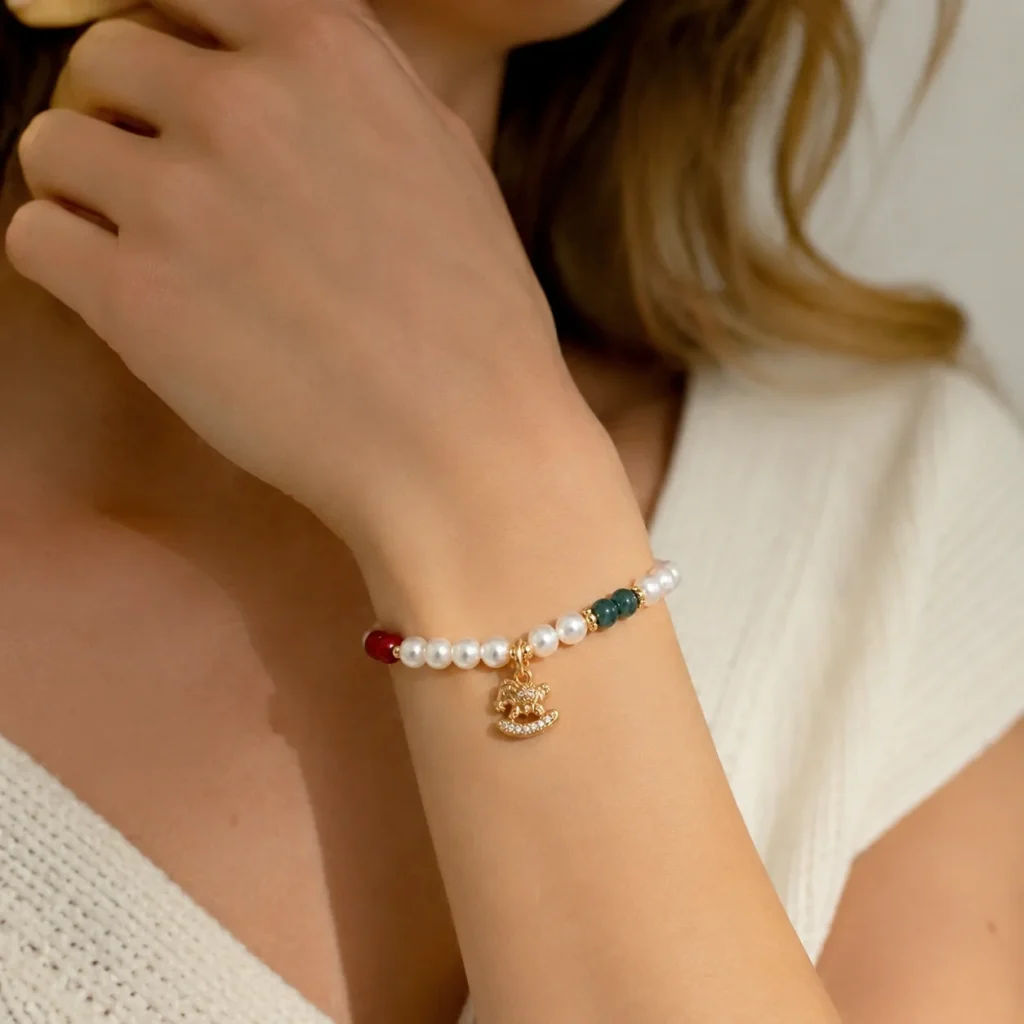 pearl horse charm beaded bracelet wearing view