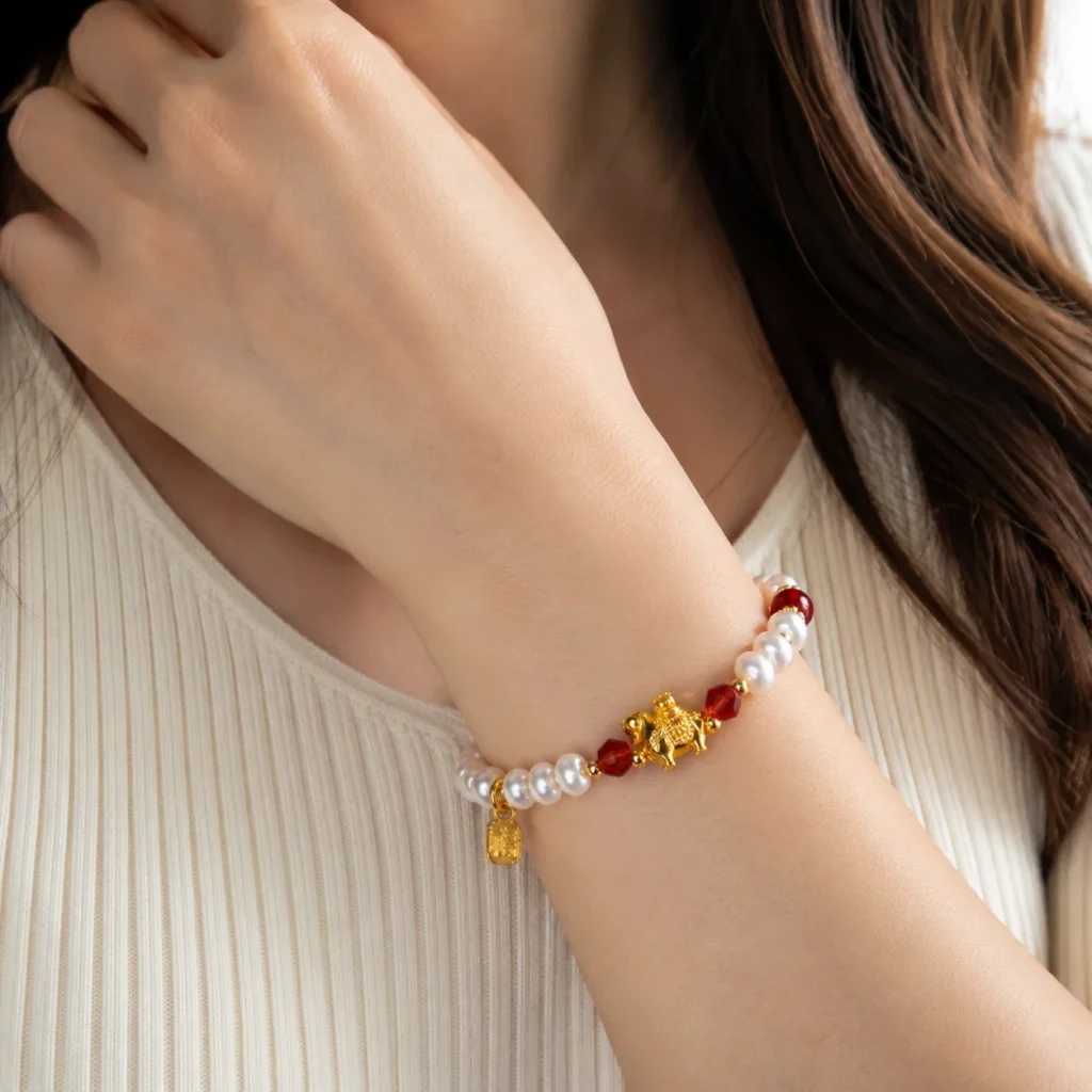 pearl horse fu charm beaded bracelet wearing view