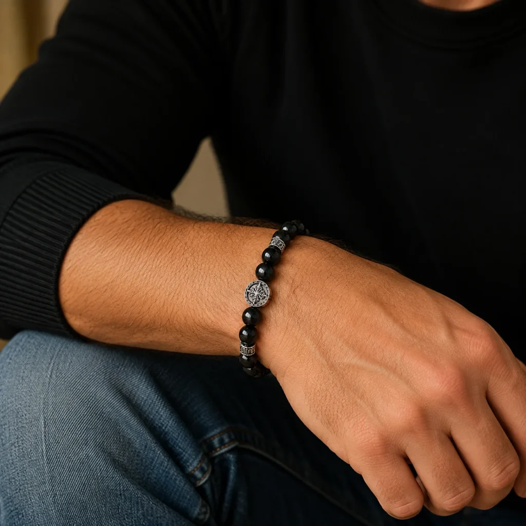 star guard silver obsidian bracelet wearing view