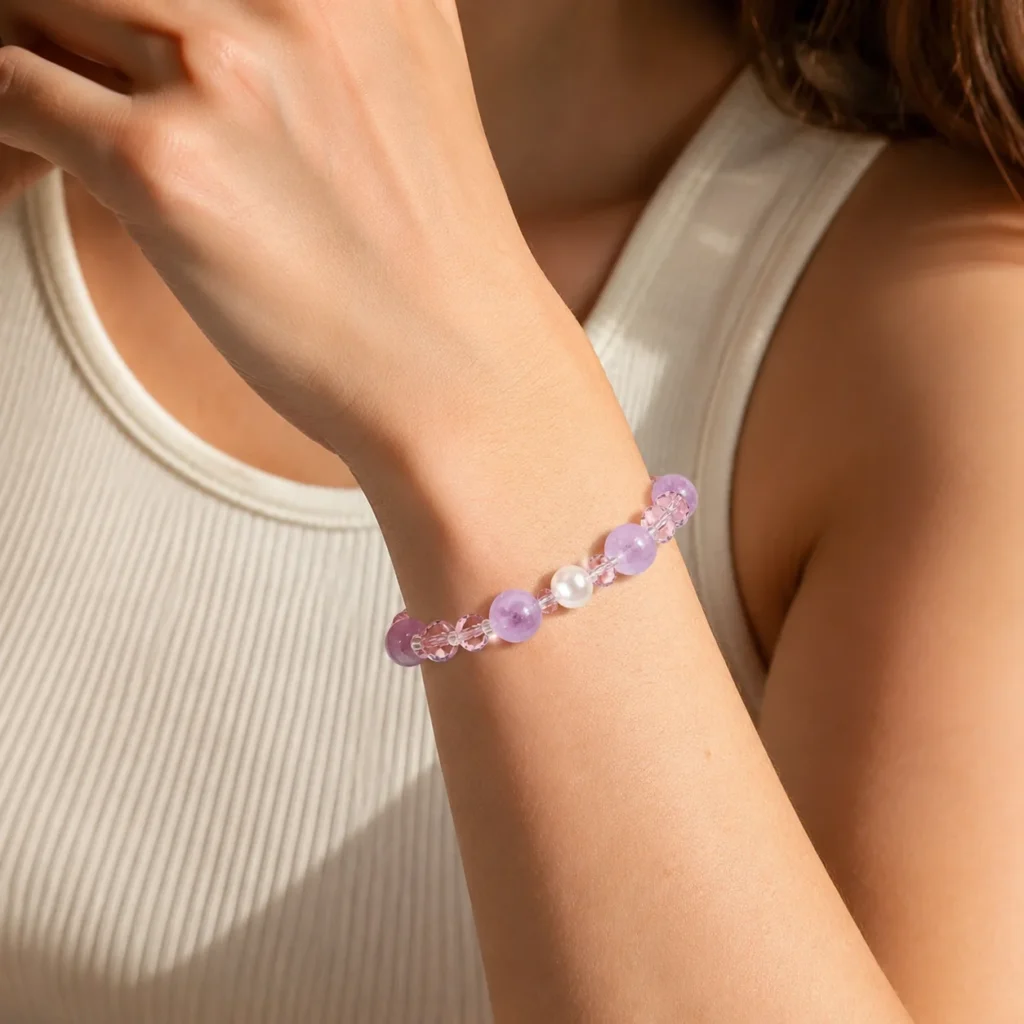 amethyst beaded bracelet wearing view