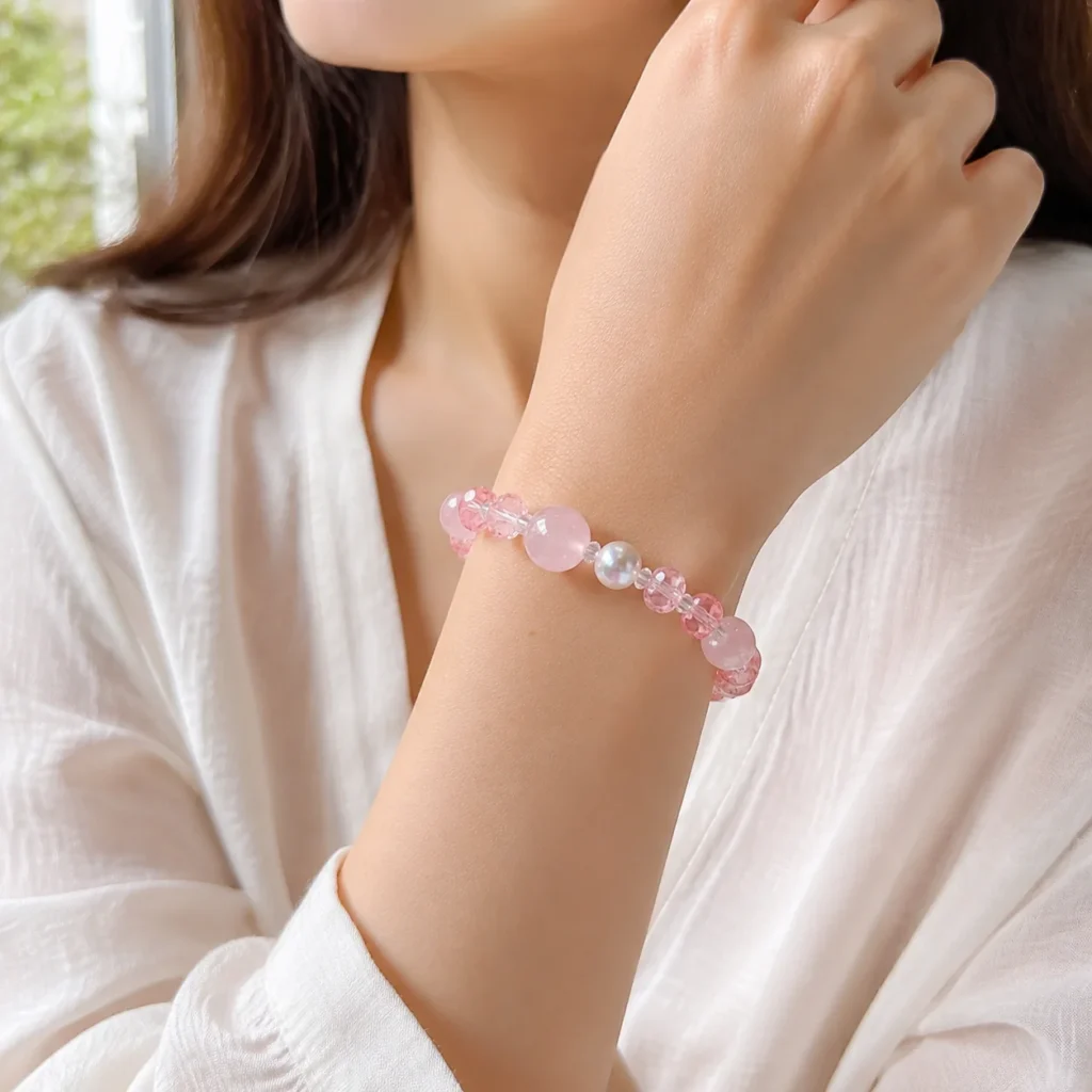rose quartz beaded bracelet wearing view
