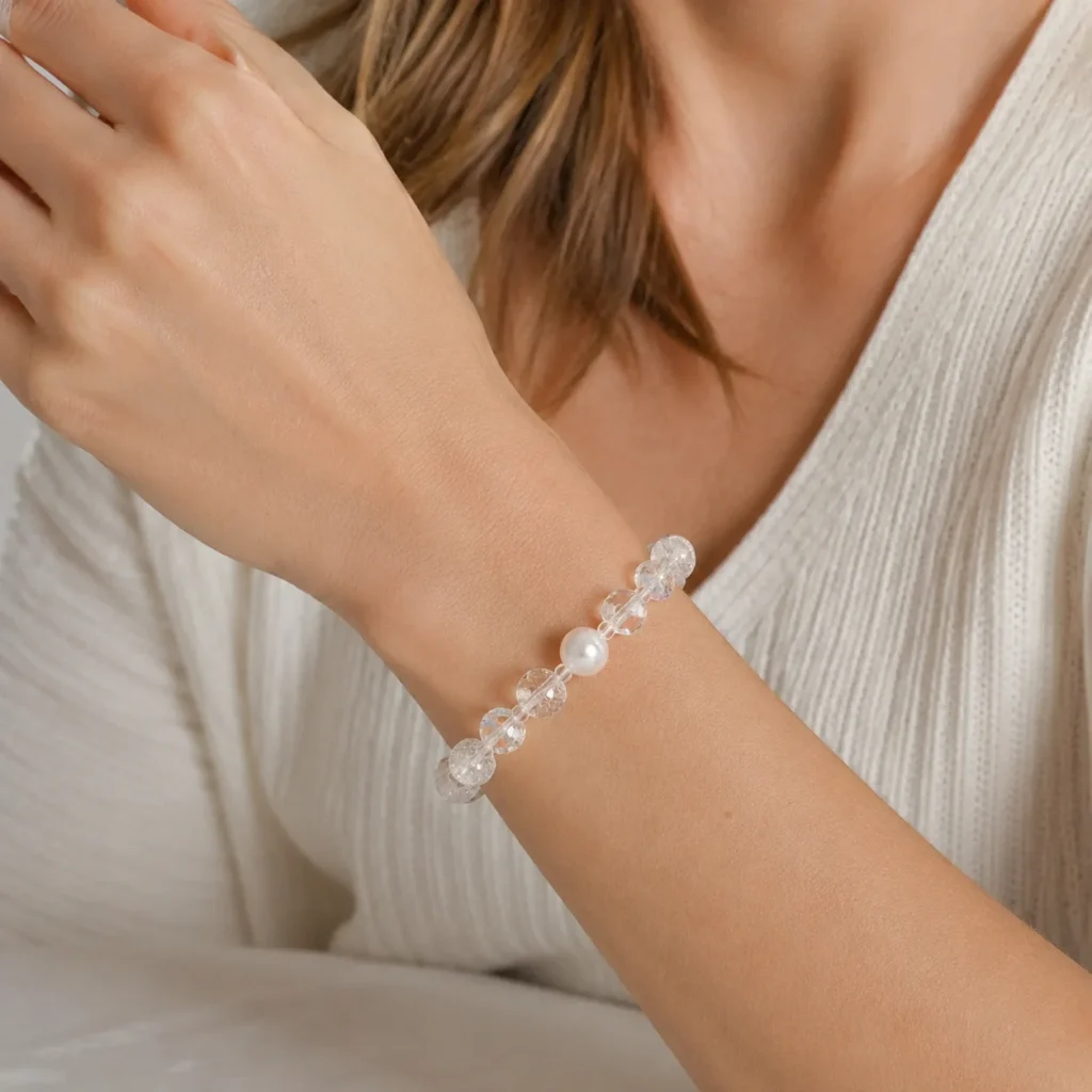 white crystal beaded bracelet wearing view
