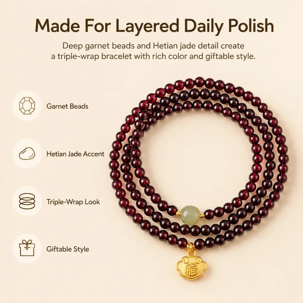 garnet hetian jade triple-wrap fu lock bracelet feature image