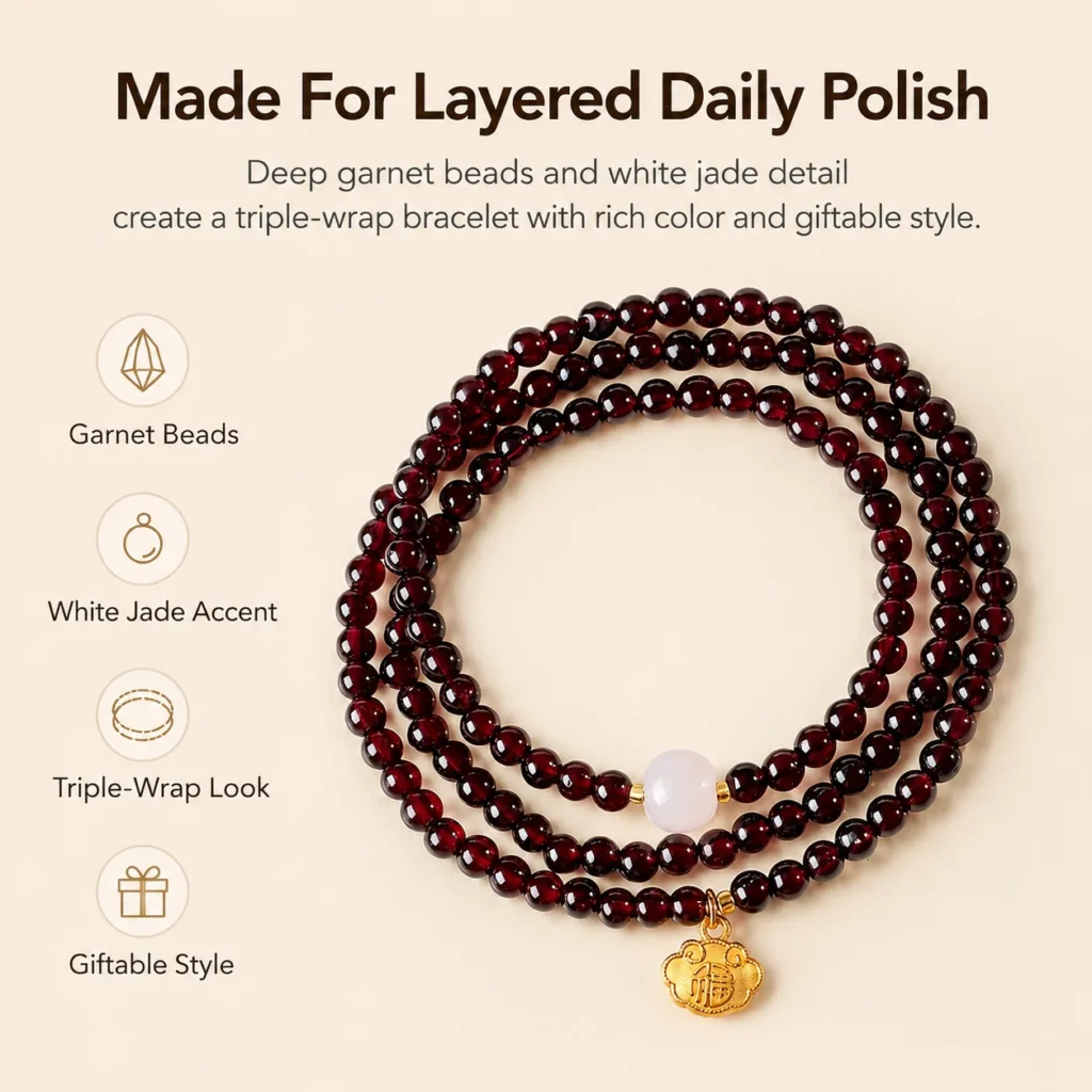 Garnet White Jade Triple-Wrap Fu Lock Bracelet 3 garnet white jade triple-wrap fu lock bracelet feature image