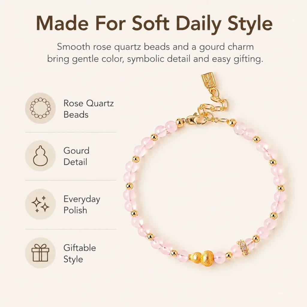 Rose Quartz Gourd Beaded Bracelet 3 rose quartz gourd beaded bracelet feature image