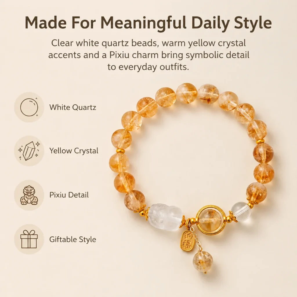 white quartz pixiu bracelet with yellow crystal beads feature image