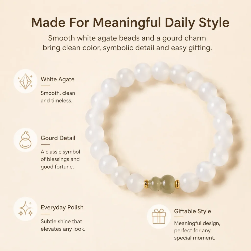 White Agate Gourd Beaded Bracelet 3 white agate gourd beaded bracelet feature image