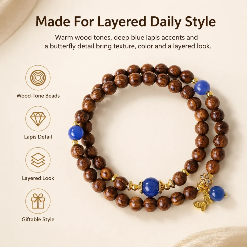 Golden Sandalwood Lapis Butterfly Double-Wrap Bracelet 3 golden sandalwood lapis butterfly double-wrap bracelet feature image