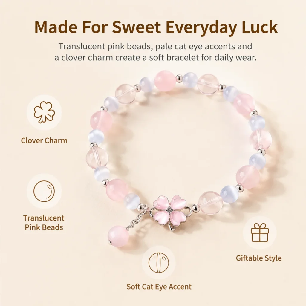 Translucent Rose Quartz Clover Bracelet 3 translucent rose quartz clover bracelet feature image