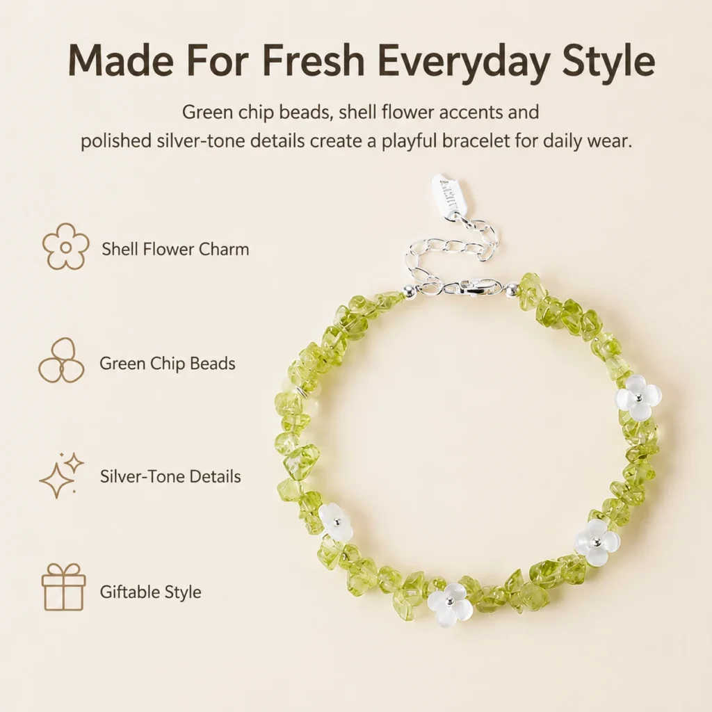 Peridot Shell Flower Bracelet 3 peridot shell flower bracelet feature image