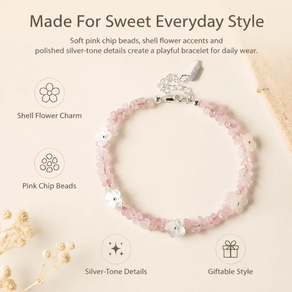 Rose Quartz Shell Flower Bracelet 3 rose quartz shell flower bracelet feature image